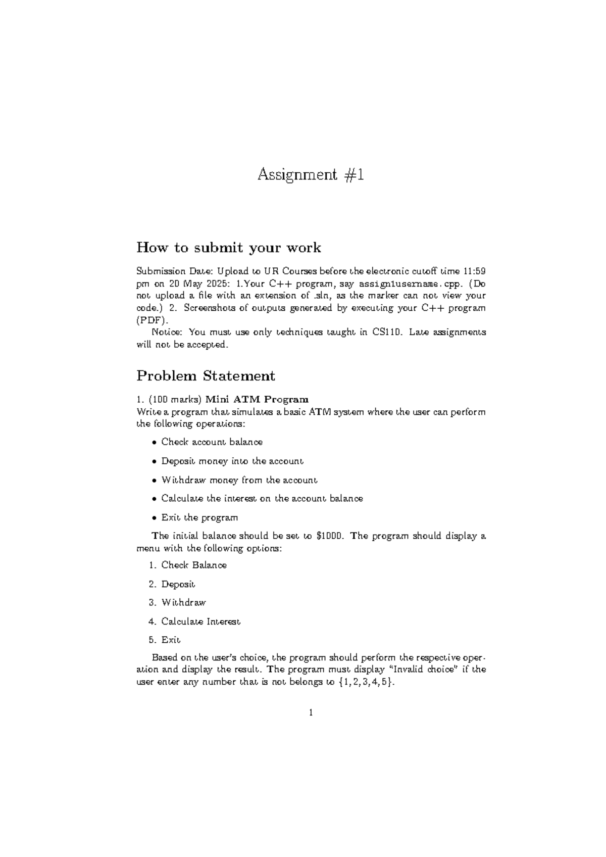 CS110 Assignment 1: Mini ATM Program Submission Guidelines - Studocu