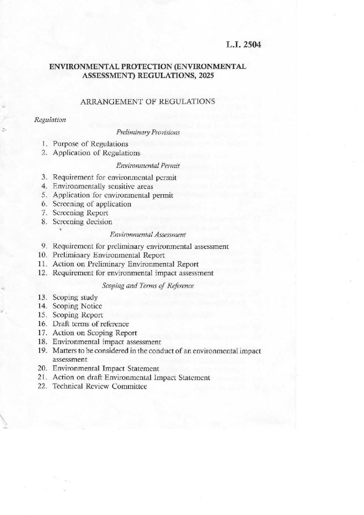 L.I. 2504 Environmental Protection: Environmental Assessment ...