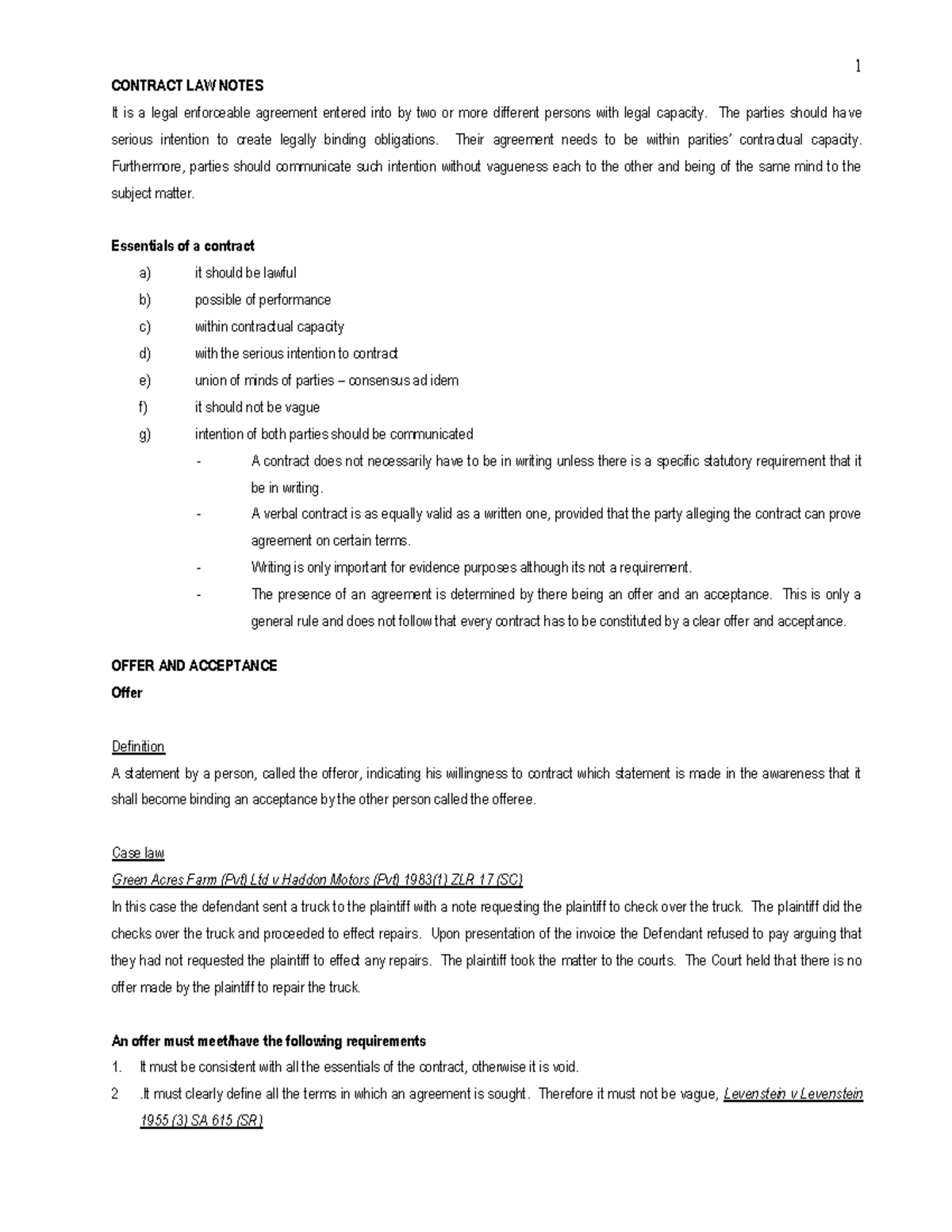 Contract Law Notes (805): Key Concepts of Offer and Acceptance - Studocu
