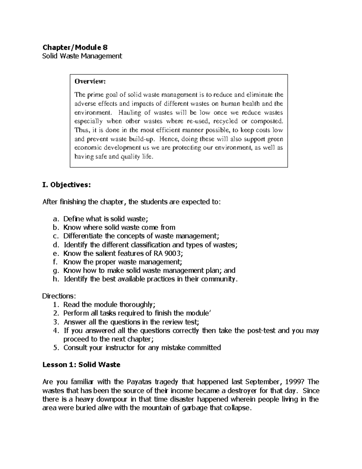 Module 8: Comprehensive Overview of Solid Waste Management Techniques ...
