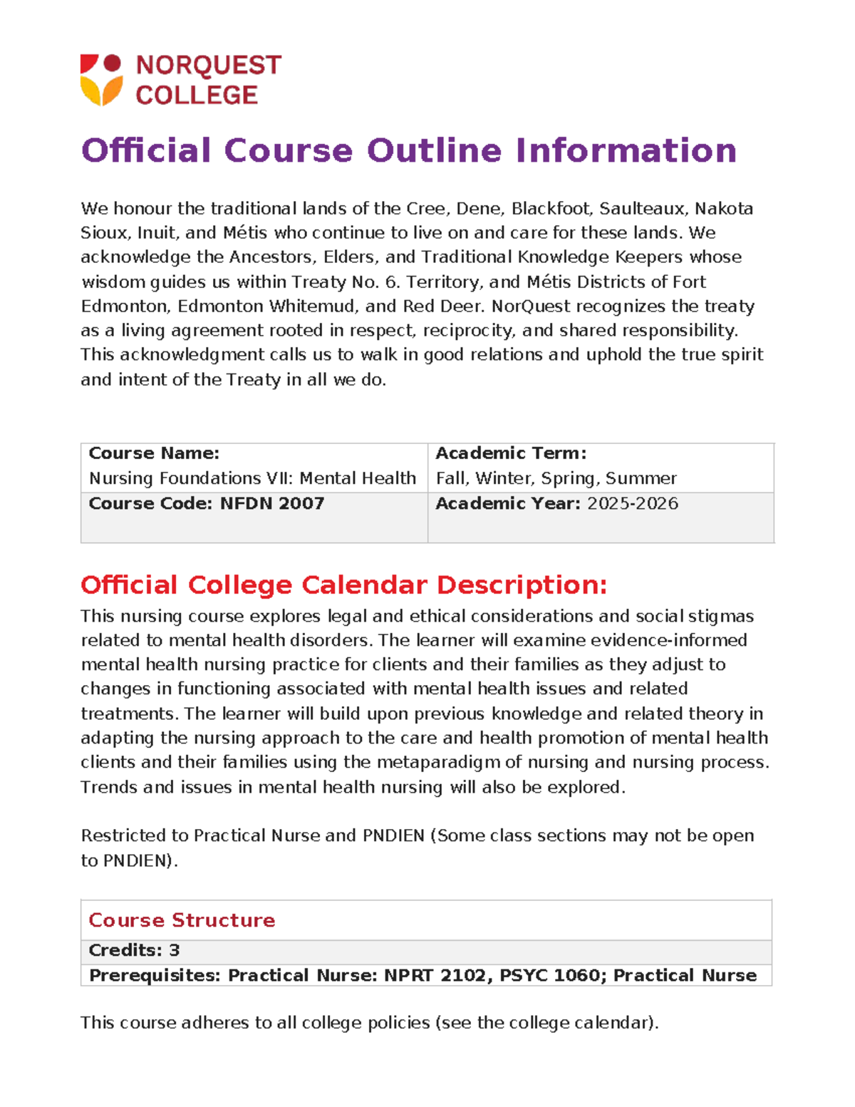 NFDN 2007 Course Outline: Nursing Foundations VII - Mental Health - Studocu