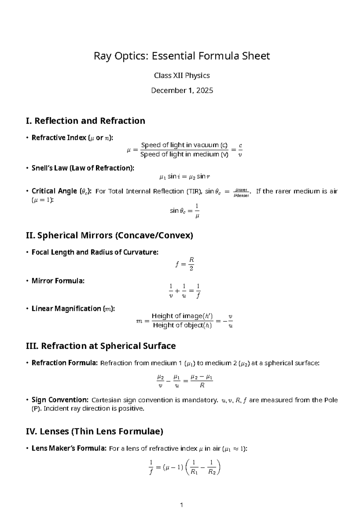 Ray Optics Formula Sheet for Class XII Physics - Essential Concepts ...