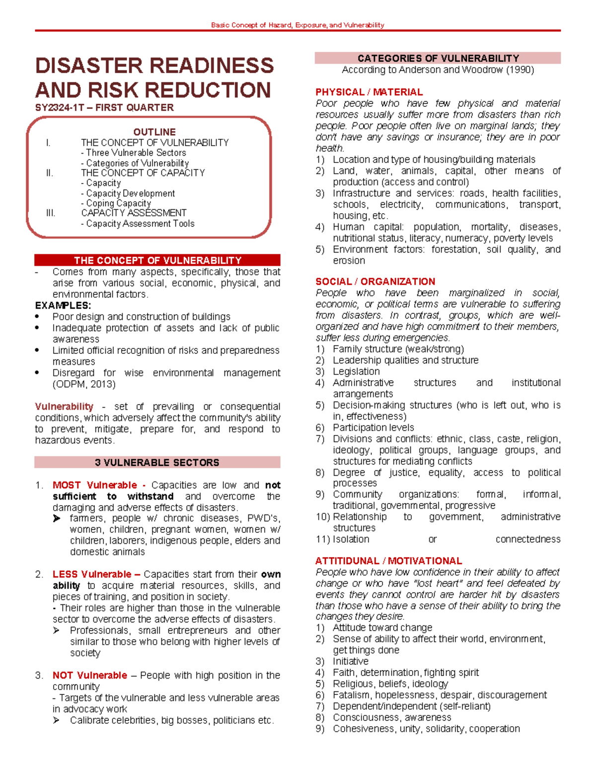 Disaster Readiness Risk Reduction Vulnerability Concepts Lecture 2