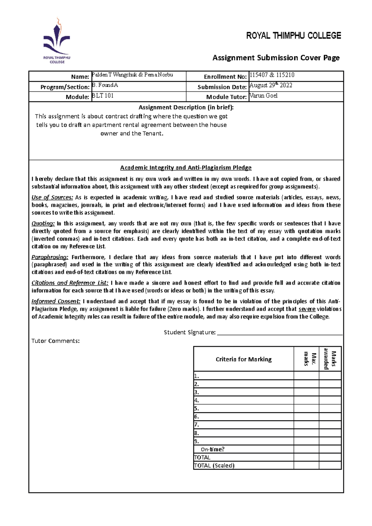 BLT 101 Final Assignment: Drafting an Apartment Rental Agreement - Studocu