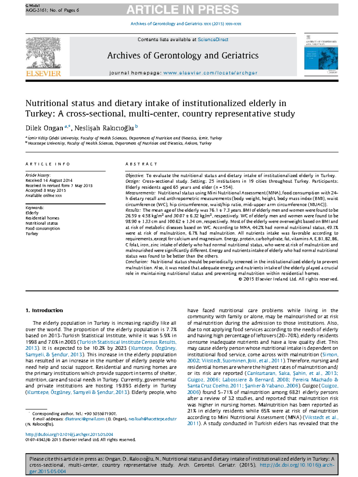 Nutritional Status and Dietary Intake of Institutionalized Elderly in ...