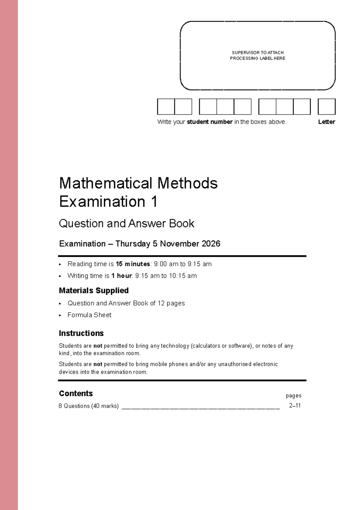 2026 Mathematical Methods Exam 1: Questions & Formula Sheet - Studocu