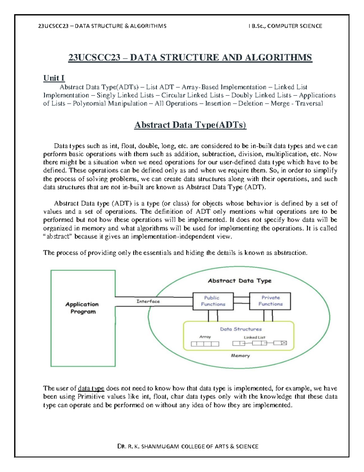 23UCSCC23 DATA STRUCTURE ALGORITHMS I B.Sc. CS - Unit I: Abstract Data ...