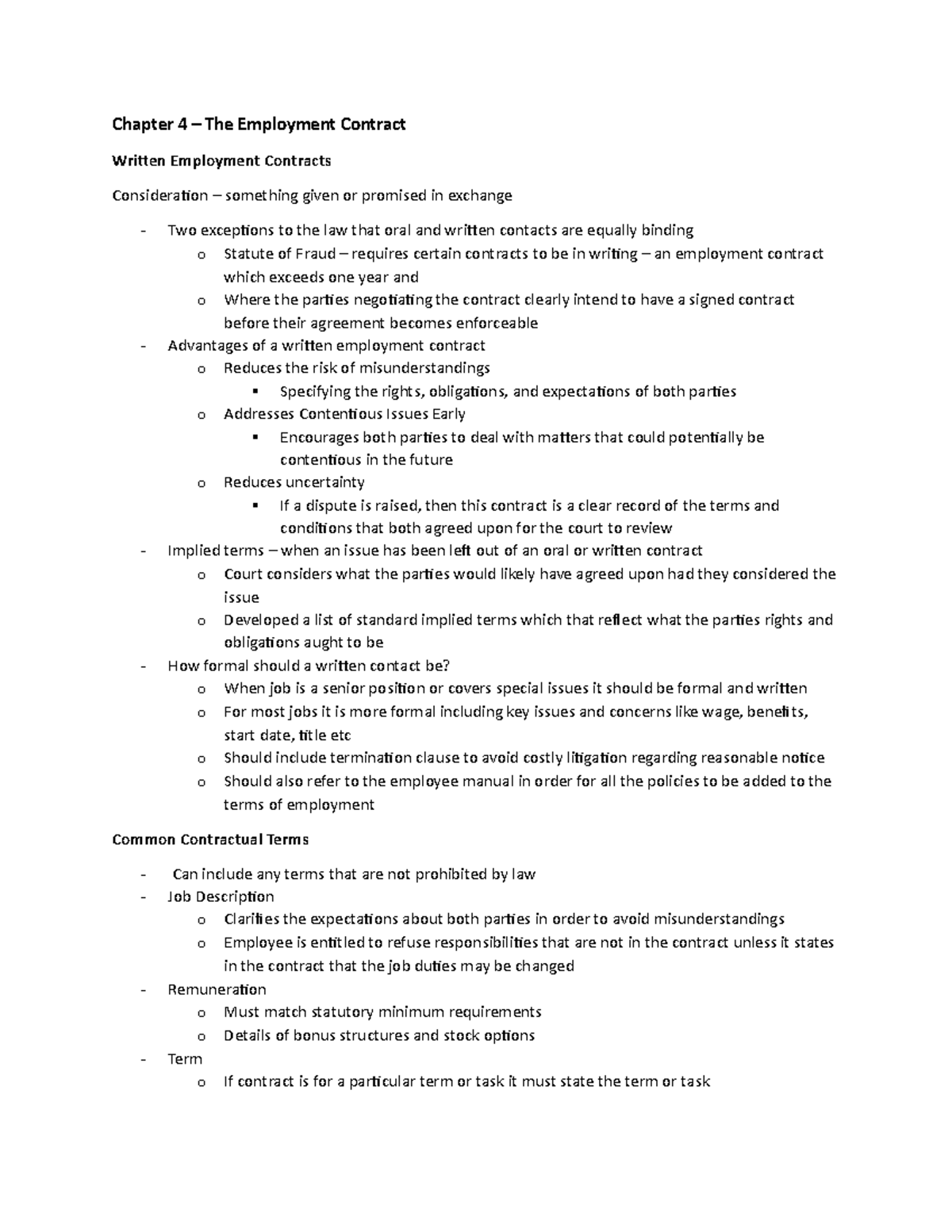 Chapter 4 Notes: Understanding Employment Contracts in Detail - Studocu
