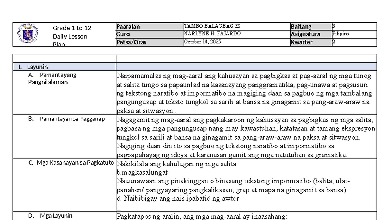 Filipino 3 Daily Lesson Plan: Week 7 Final Exam Guide - Studocu