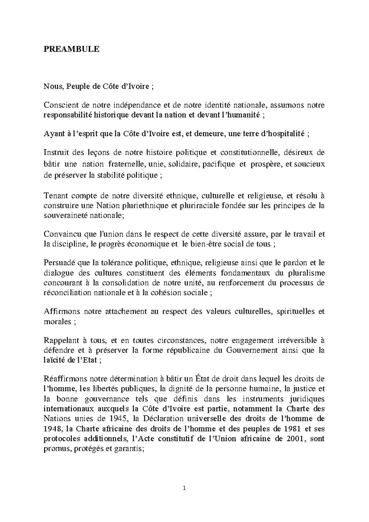 Constitution de la République de Côte d'Ivoire - Préambule et Articles ...