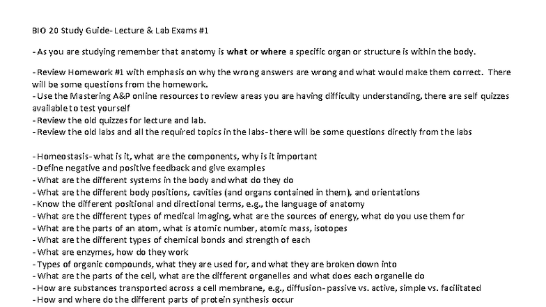 BIO 20 Study Guide: Lecture & Lab Exam #1 Prep Notes and Key Topics ...