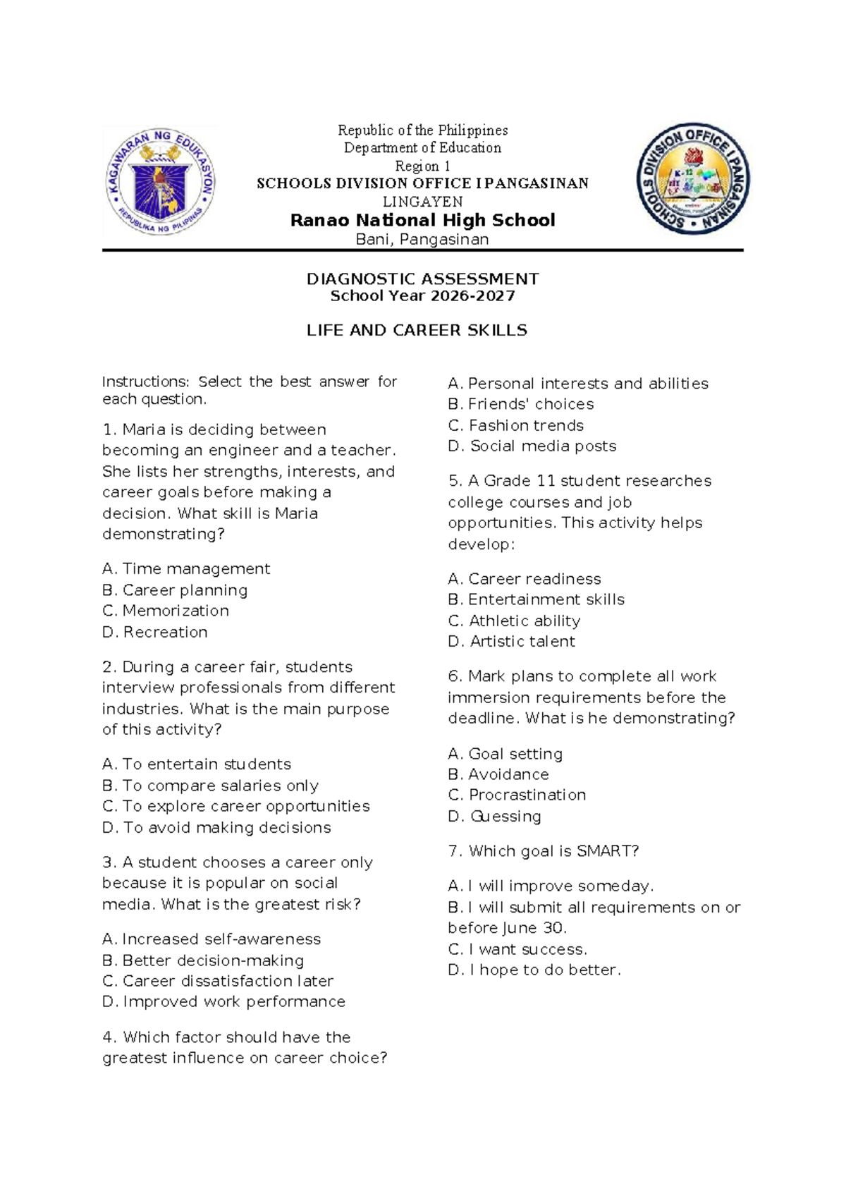 Diagnostic Test on Life and Career Skills (LCS 101) - Studocu