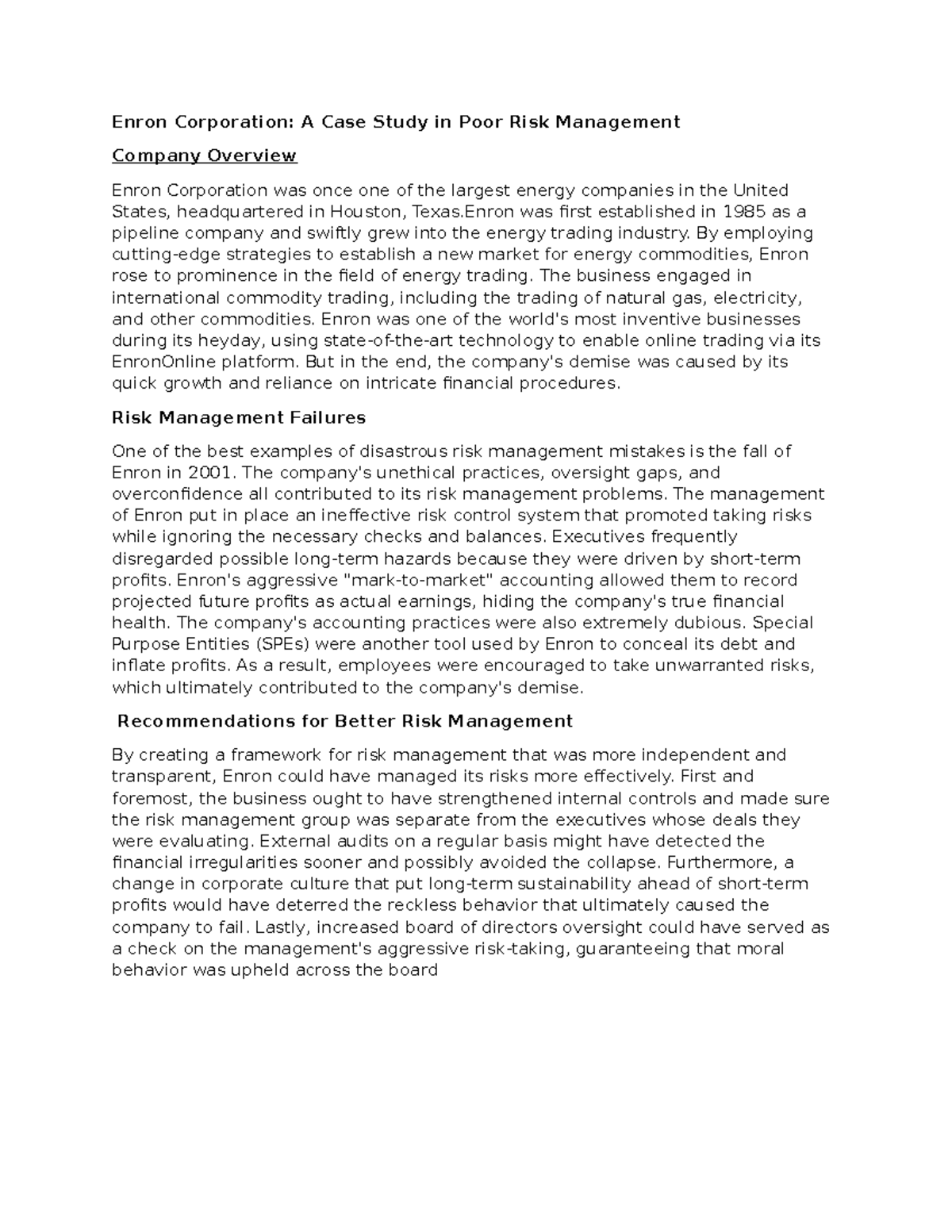 Enron Corporation Case Study: Lessons in Risk Management Failures - Studocu