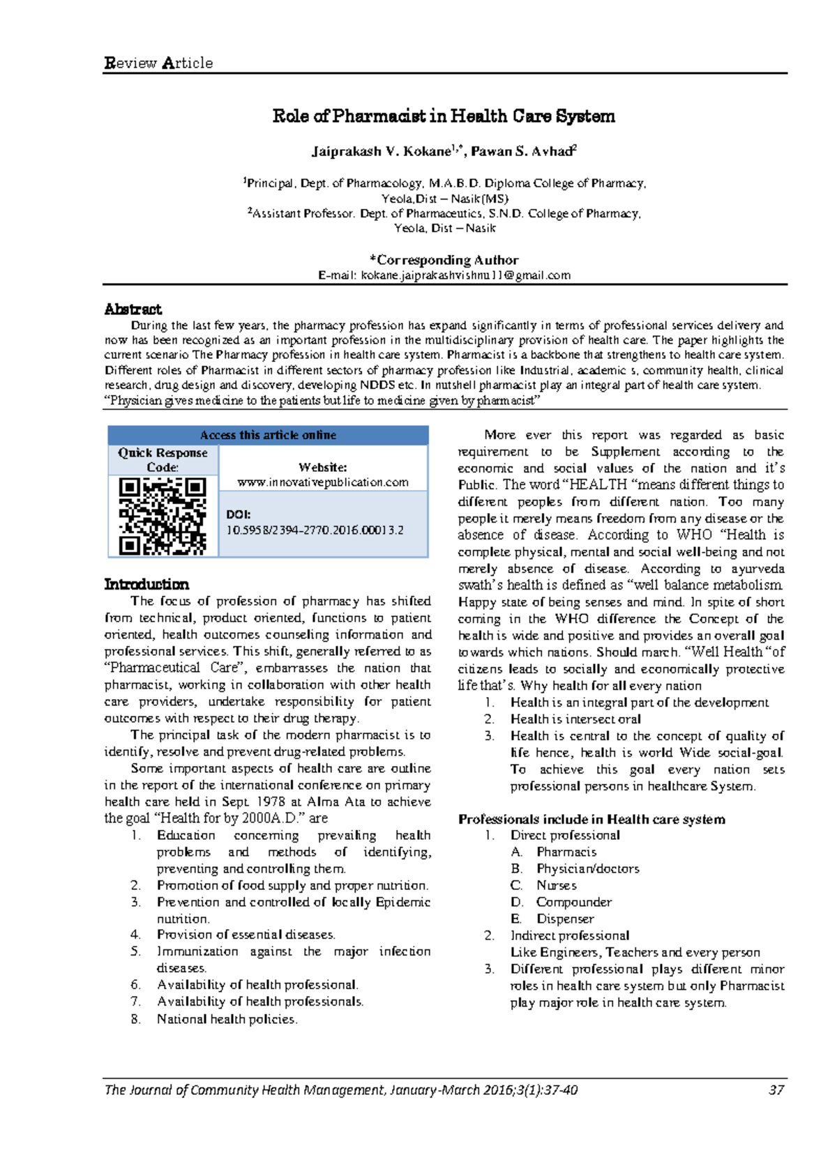 JCHM 3(1) 37-40 - Role of Pharmacists in the Health Care System Lecture ...