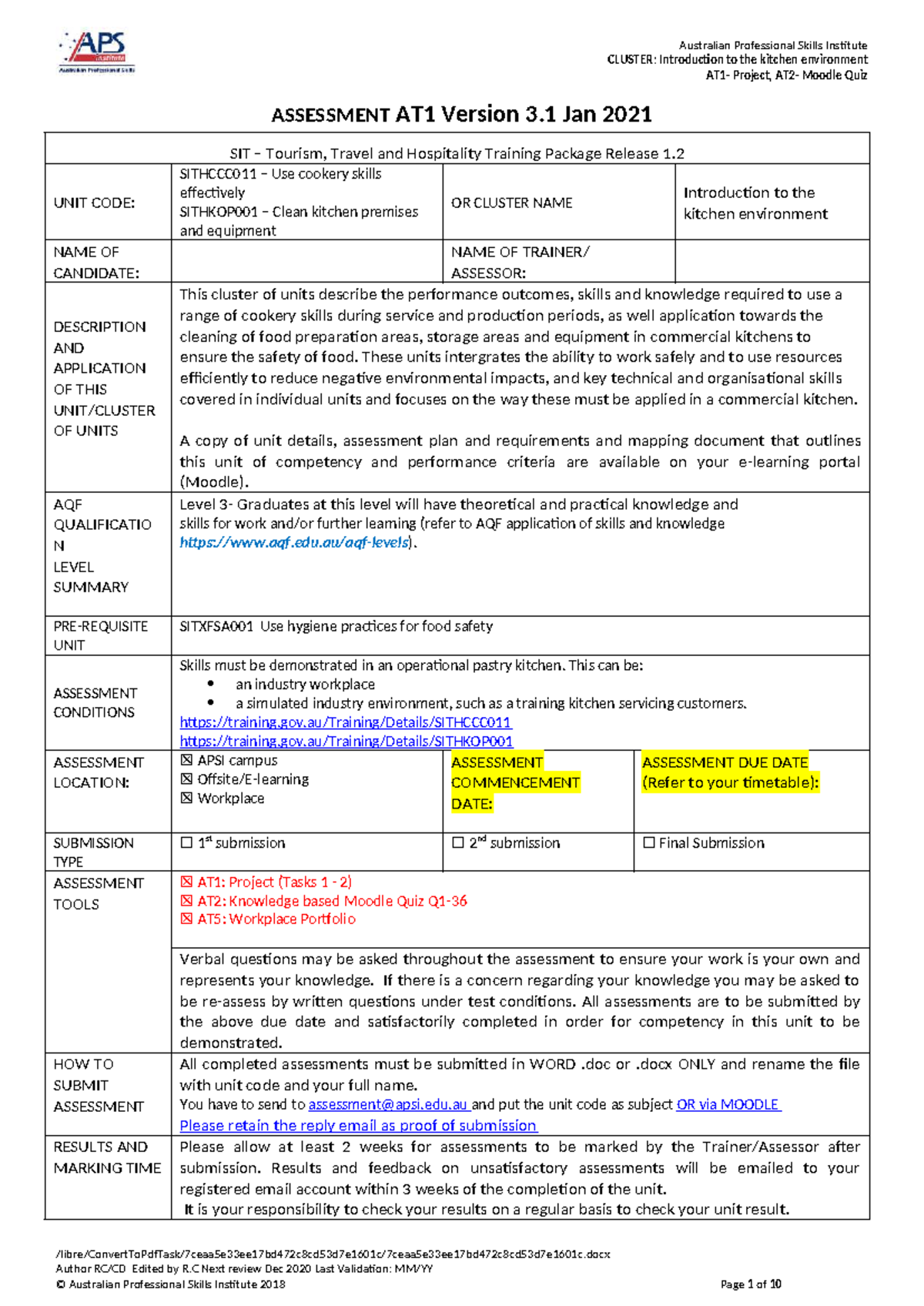SIT Culinary Skills Assessment: Kitchen Environment Project & Quiz ...