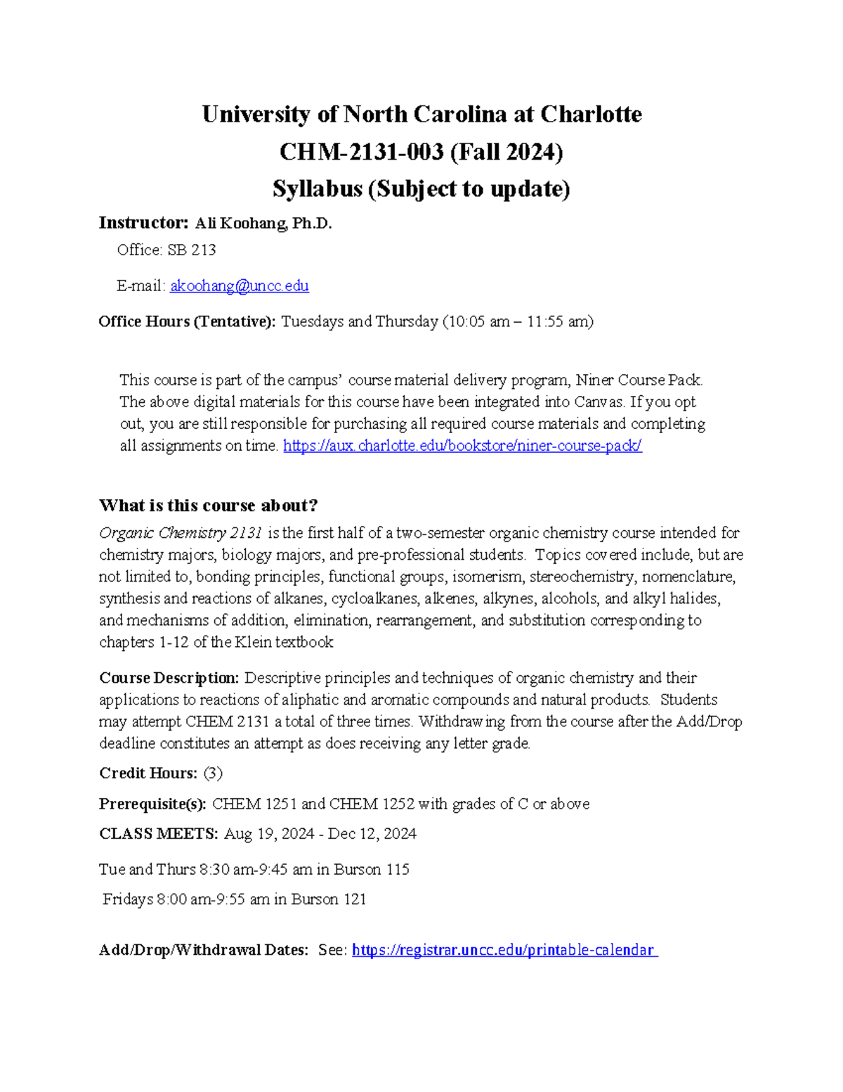 Chem 2131-003 Organic Chemistry I Syllabus - Fall 2024 - Studocu