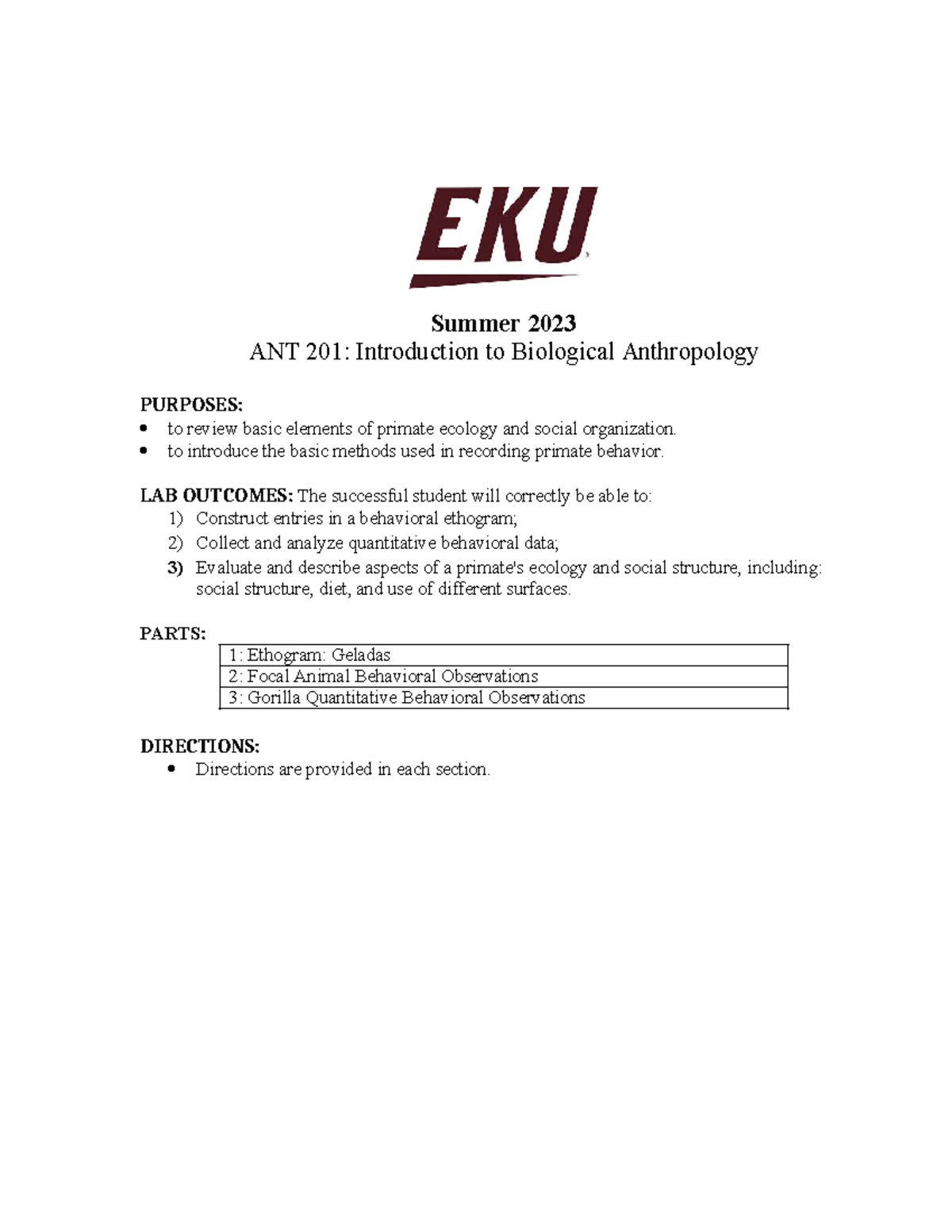 ANT 201 Summer 2023: Primate Lab Behavioral Observations Guide - Studocu