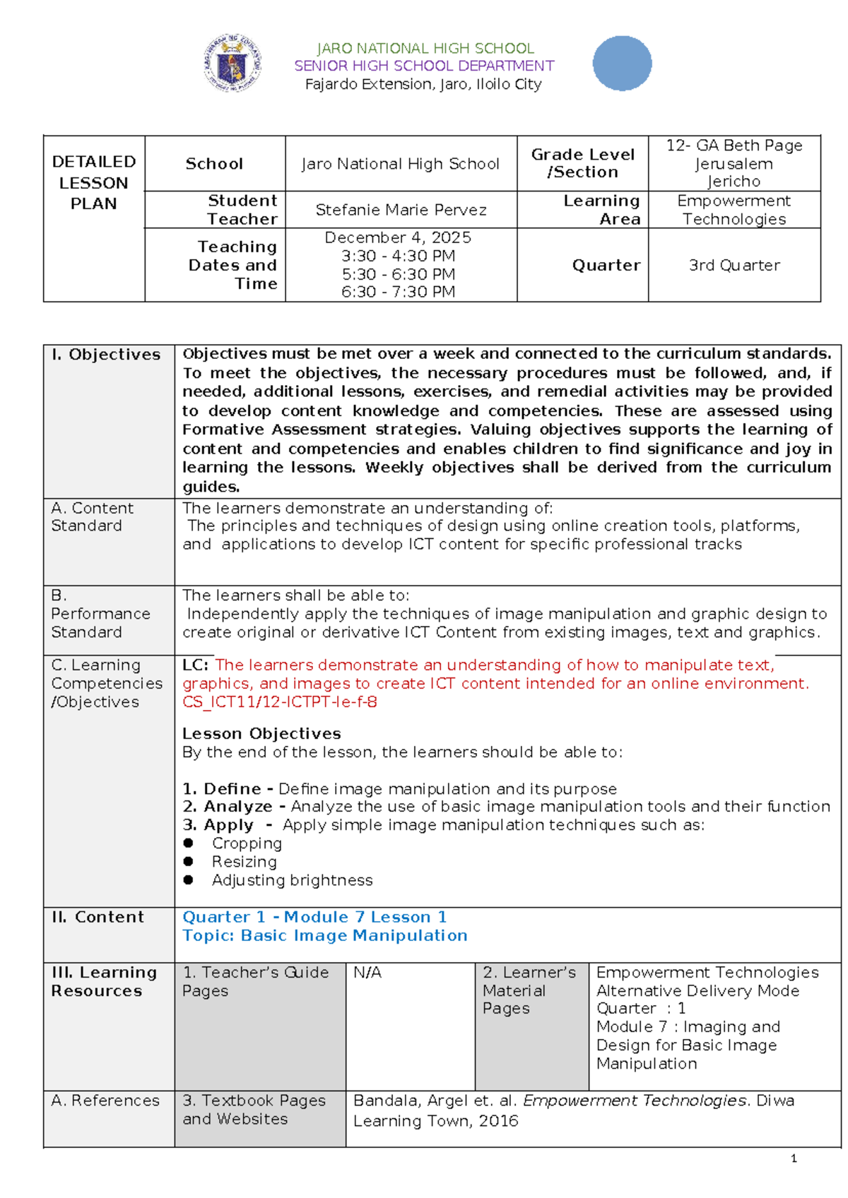 DLP MOD7: Basic Image Manipulation Lesson Plan for Empowerment Tech ...