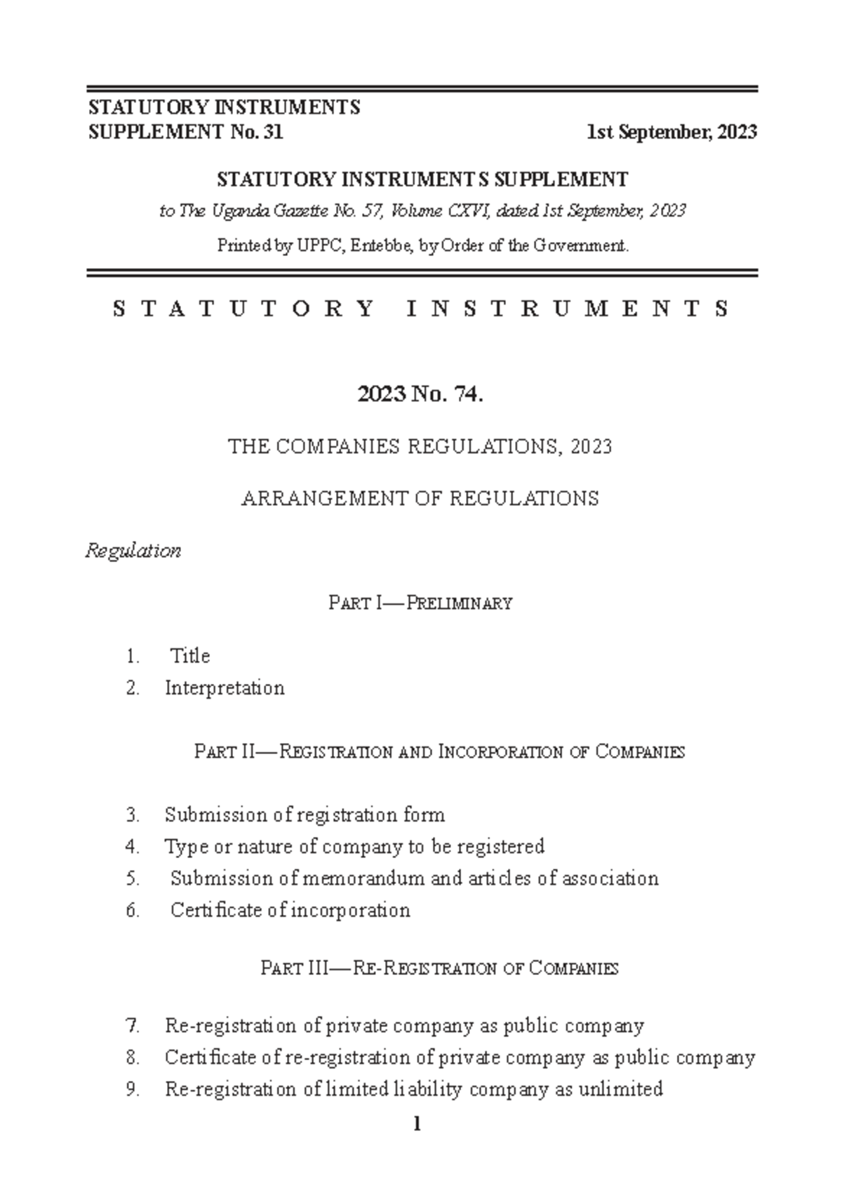 Companies Regulations 2023: Statutory Instruments Supplement No. 31 ...
