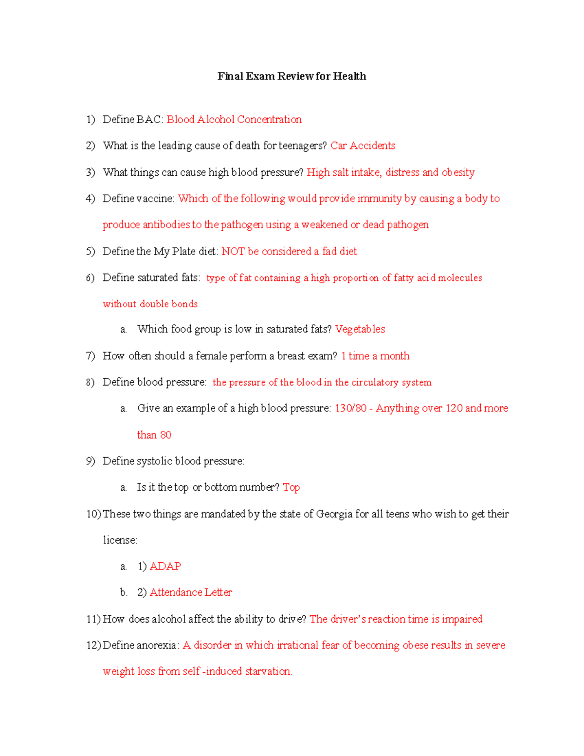 Health 1 Final Exam Study Guide: Key Concepts and Definitions - Studocu