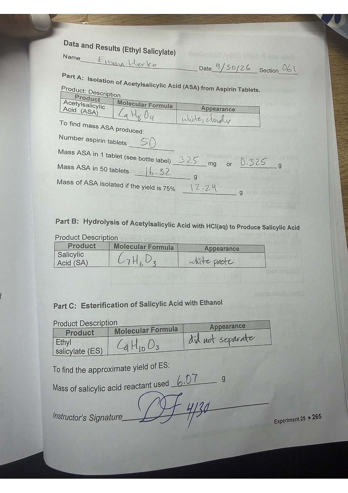 Lab Report: Isolation and Hydrolysis of ASA & Synthesis of ES (Chem 061 ...