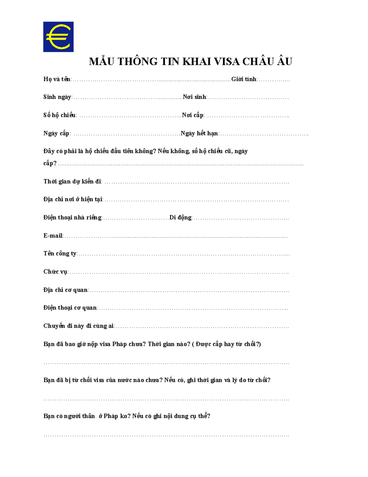 MẪU THÔNG TIN KHAI VISA CHÂU ÂU - QUẢN TRỊ KINH DOANH 1 - Studocu