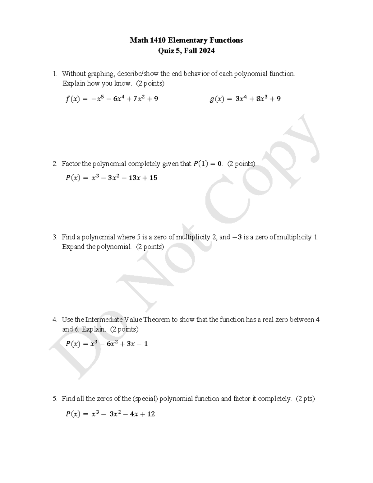 Quiz 5 - Math 1410 Elementary Functions - Fall 2024 - Math 1410 ...