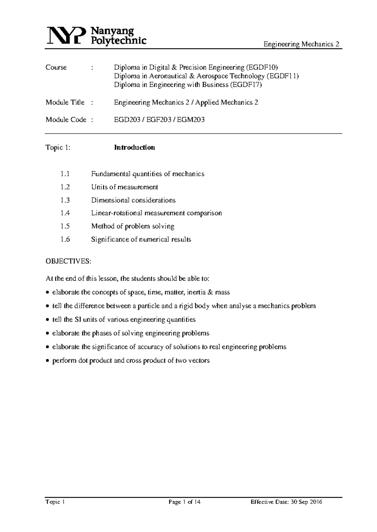 EGD203 Engineering Mechanics 2: Introduction to Fundamental Concepts ...