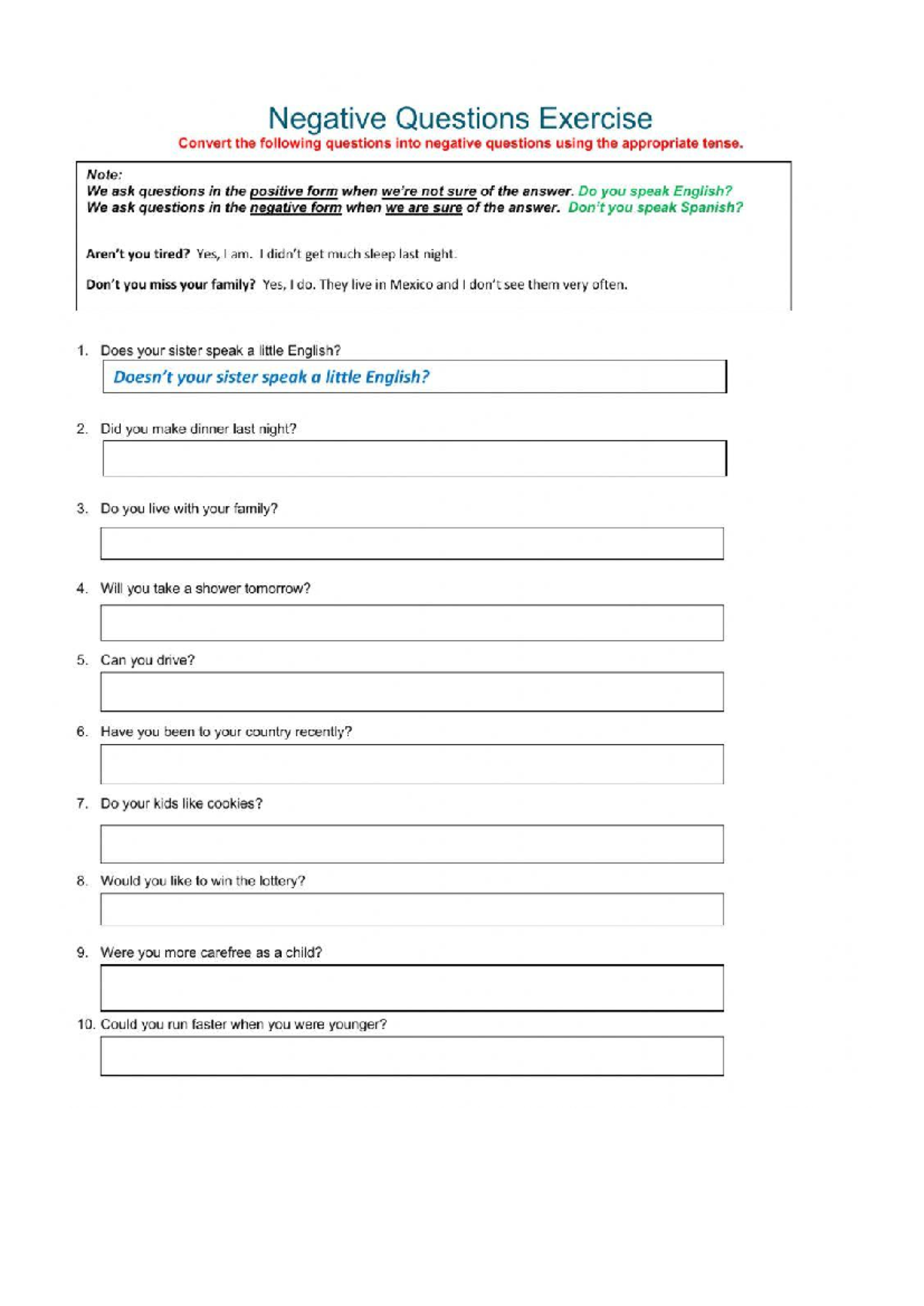 Worksheet 240480 - Nnn - Negative Questions Exercise Convert the ...