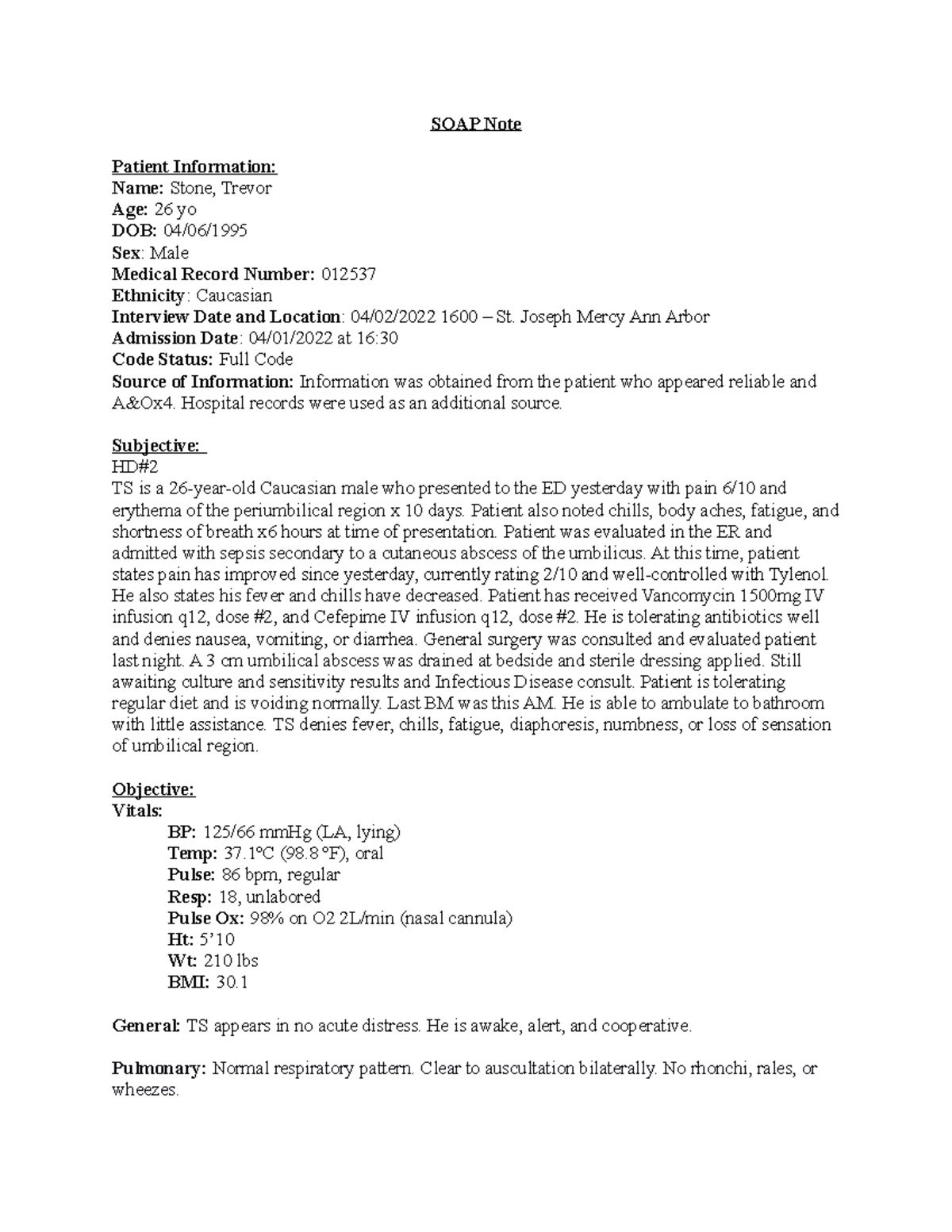 SOAP Note for Sepsis: Patient Trevor Stone's Case Analysis - Studocu