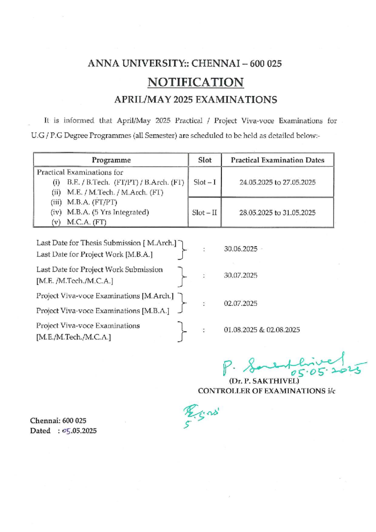 Anna University 2025 Practical Project Exam Schedule for U.G & P.G ...
