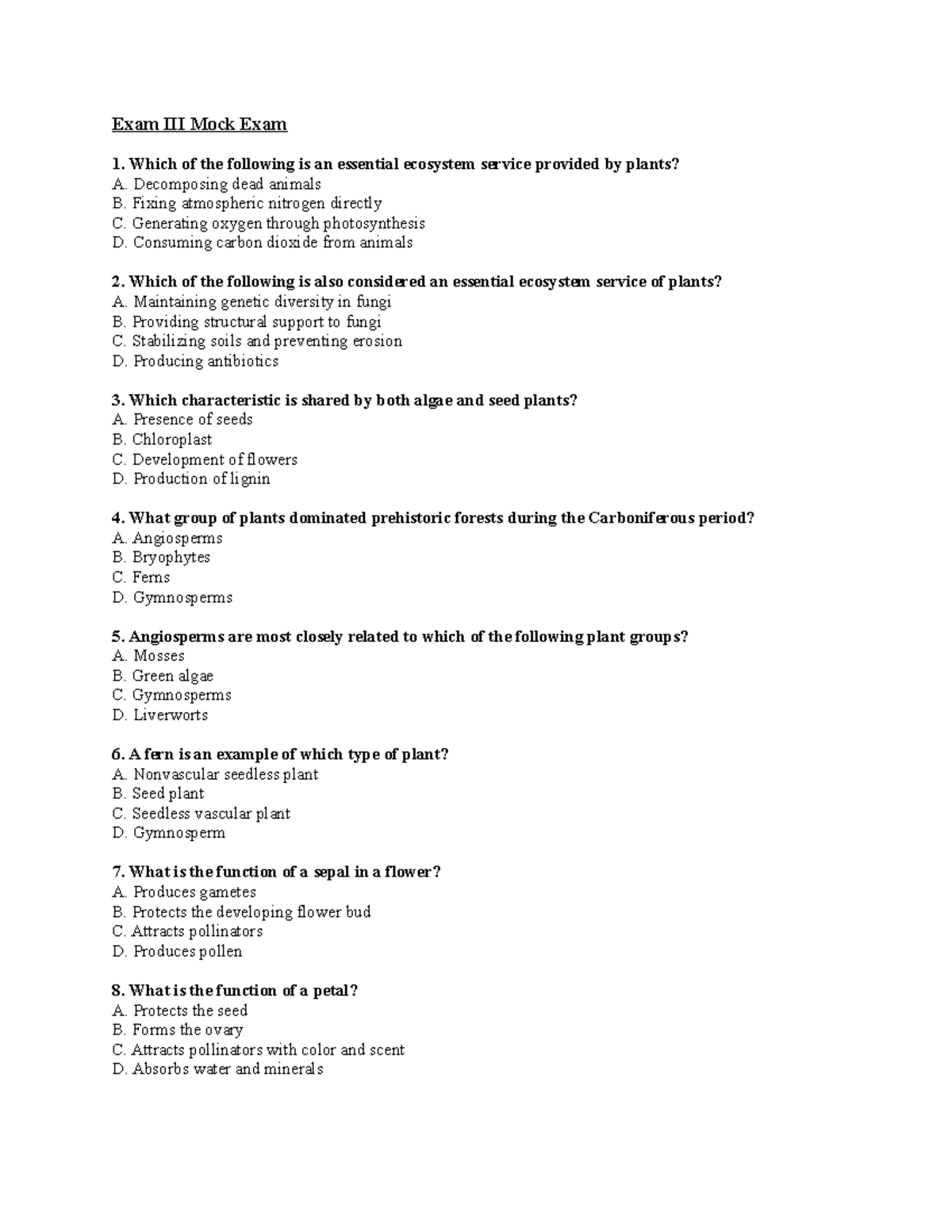 GBII Exam III Mock Exam - Plant and Fungi Ecosystem Services - Studocu
