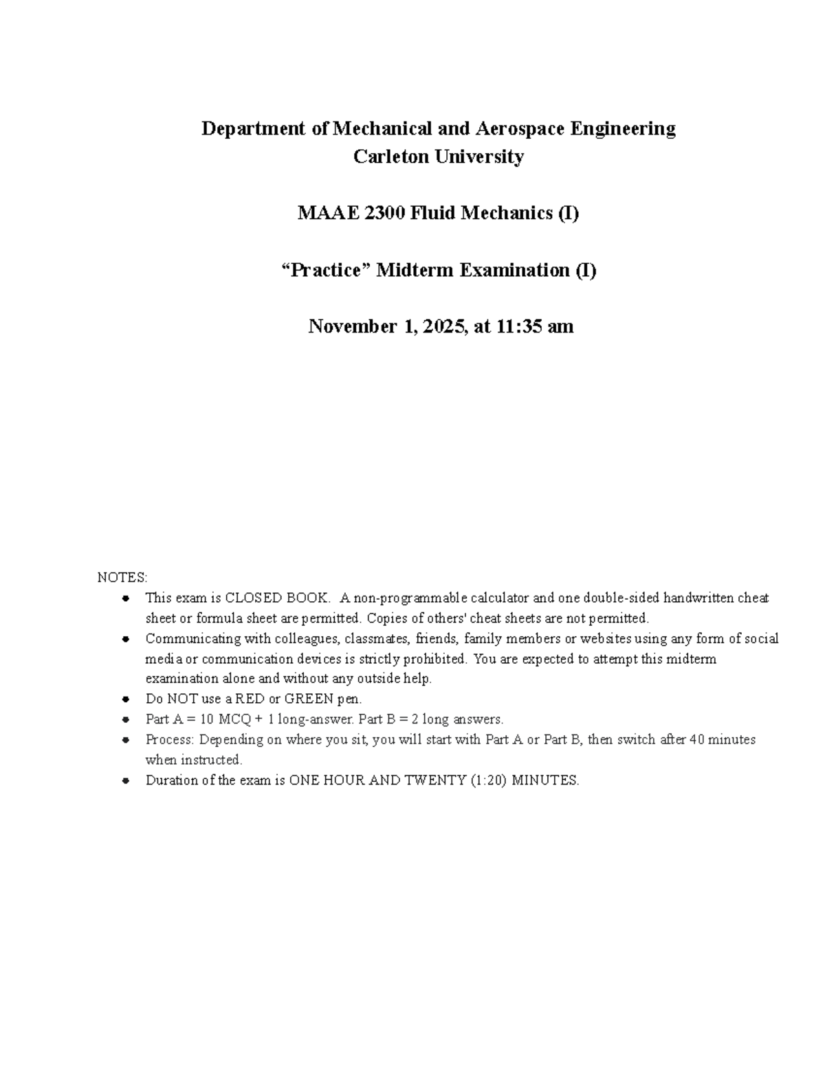 MAAE 2300 Fluid Mechanics (I) Midterm Exam Notes - Nov 1, 2025 - Studocu
