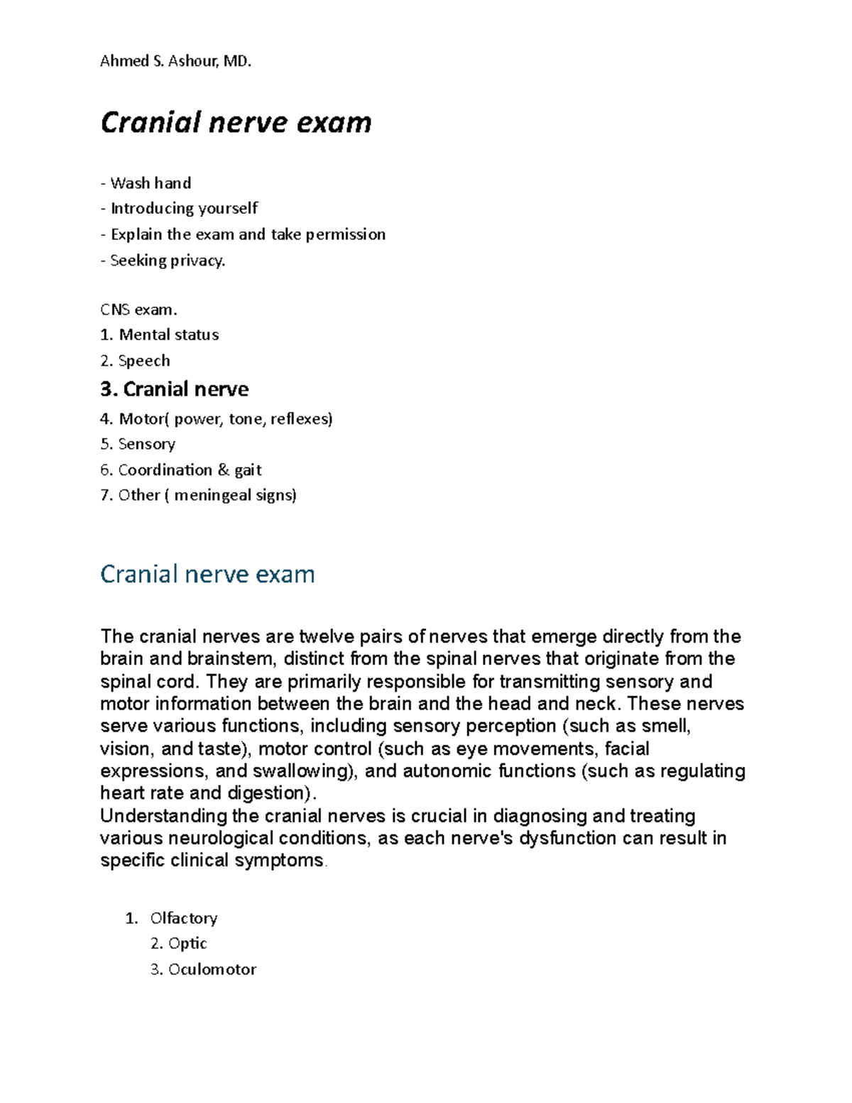 CNS 101: Comprehensive Guide to Cranial Nerve Examination - Studocu