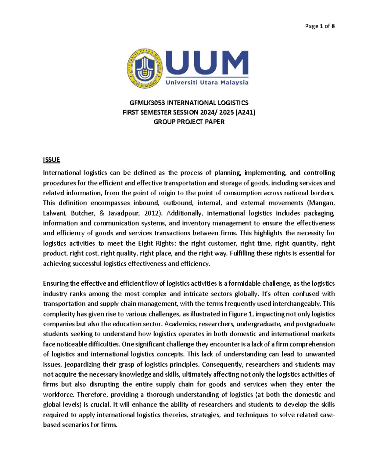 GFMLK 3053 (A241) - International Logistics Group Project Paper 2024 ...