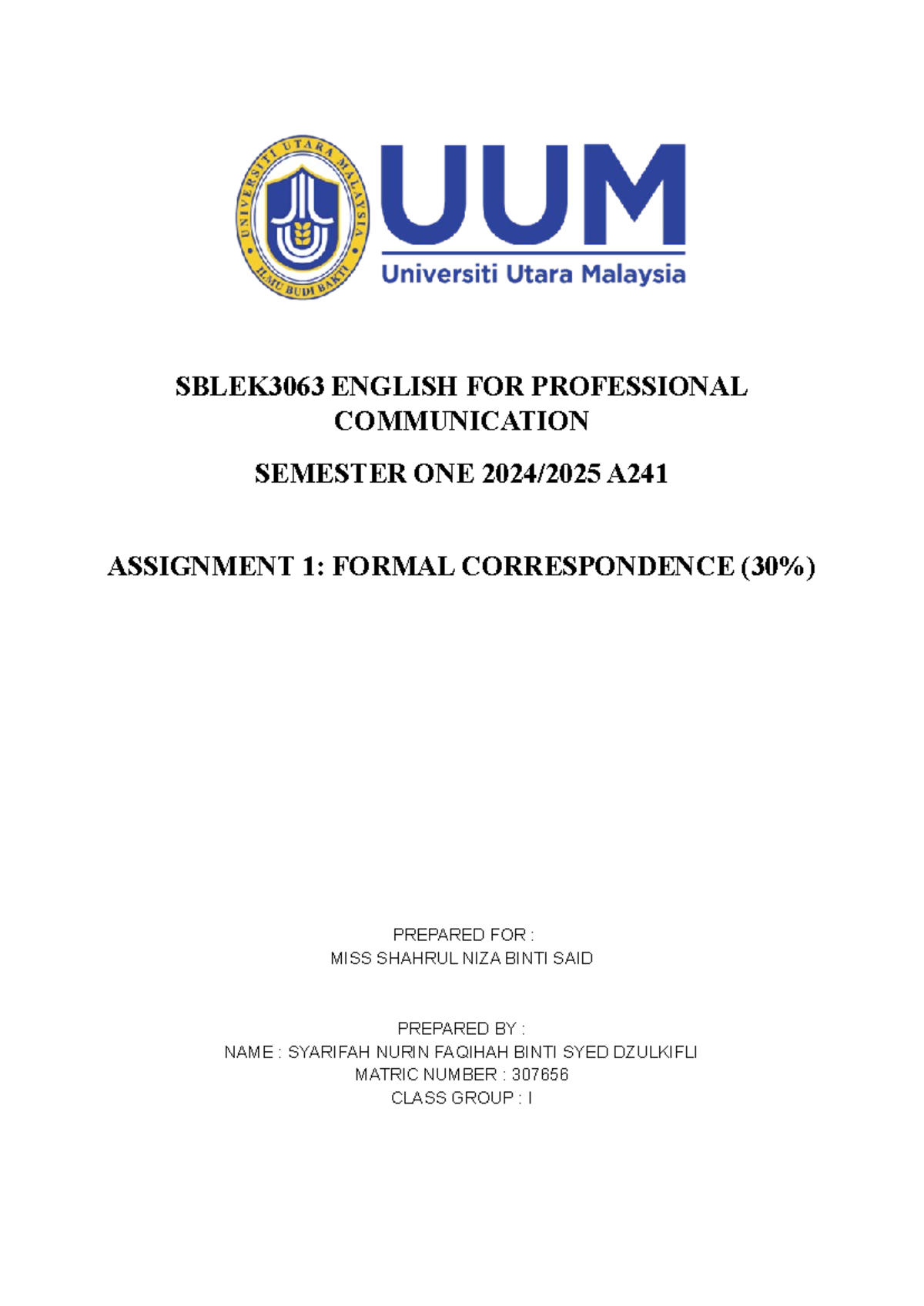 SBLEK3063 Formal Correspondence Assignment 1: Memo & Sales Letter - Studocu