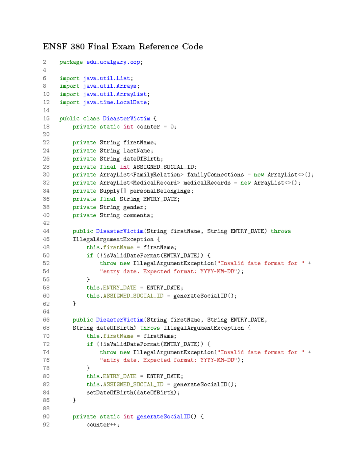 ENSF 380 Final Exam Study Guide: Disaster Victim Class Code - Studocu
