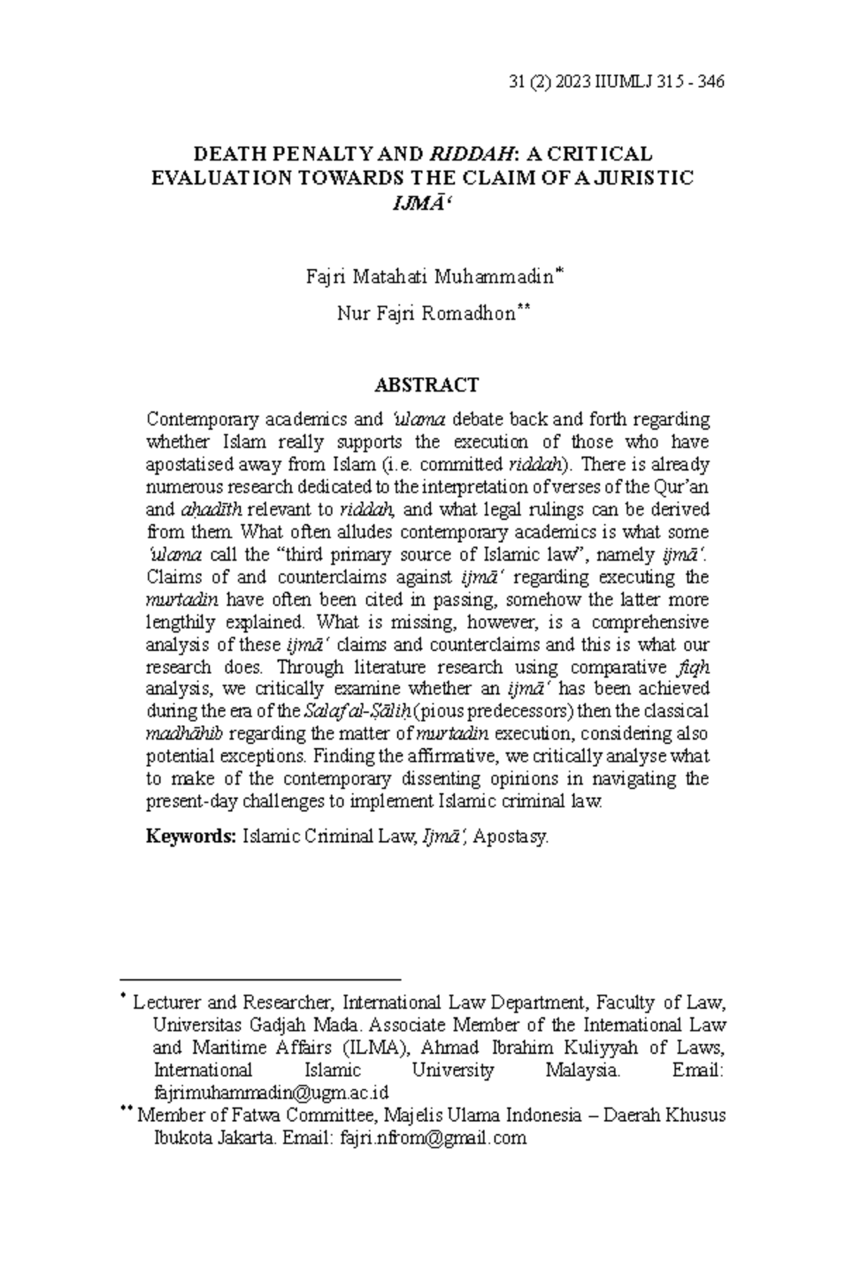 Riddah - 31 (2) 2023 IIUMLJ 315 - 346 DEATH PENALTY AND RIDDAH: A ...