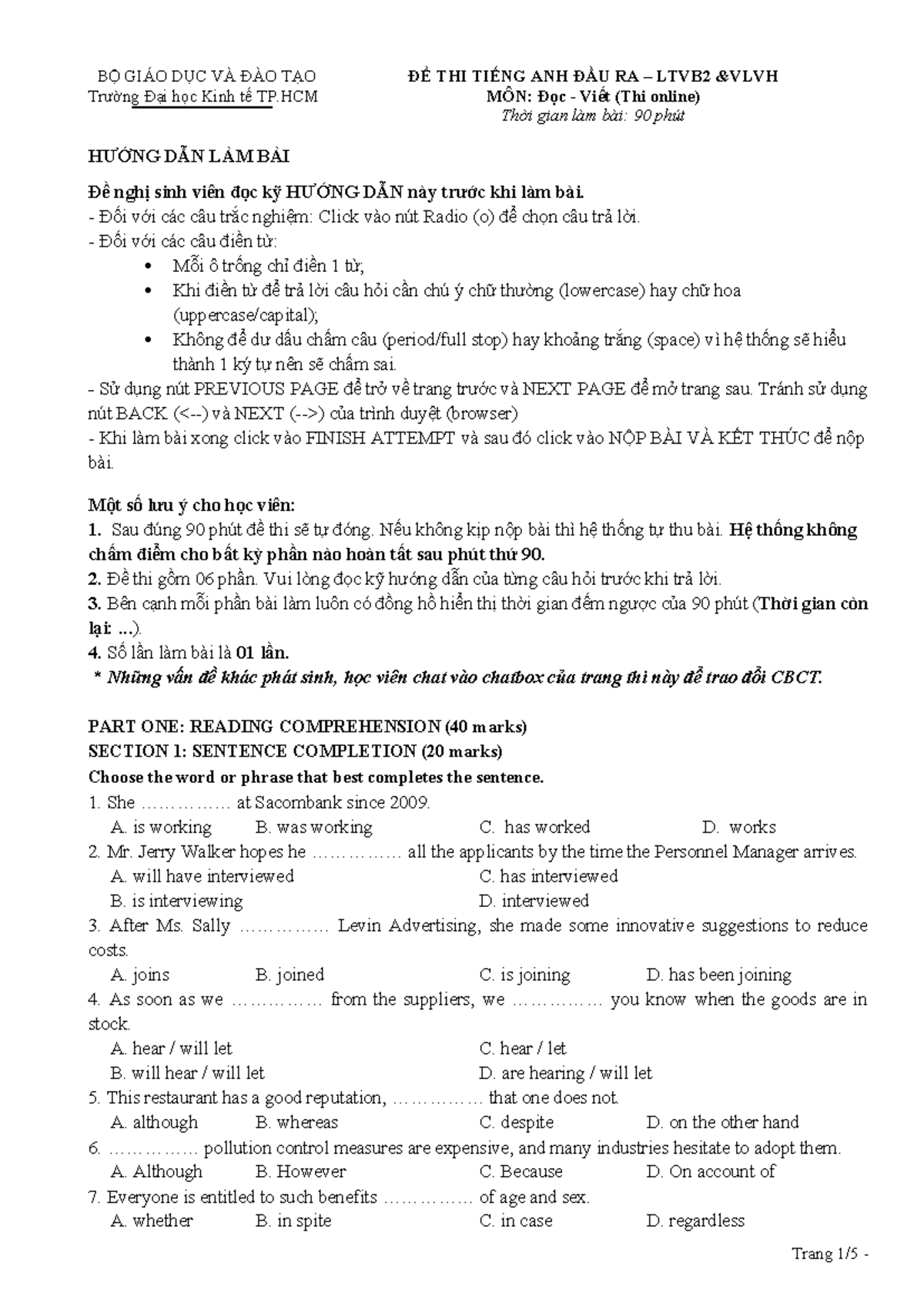 Online sample test Reading and Writing - BỘ GIÁO DỤC VÀ ĐÀO TẠO Trường ...