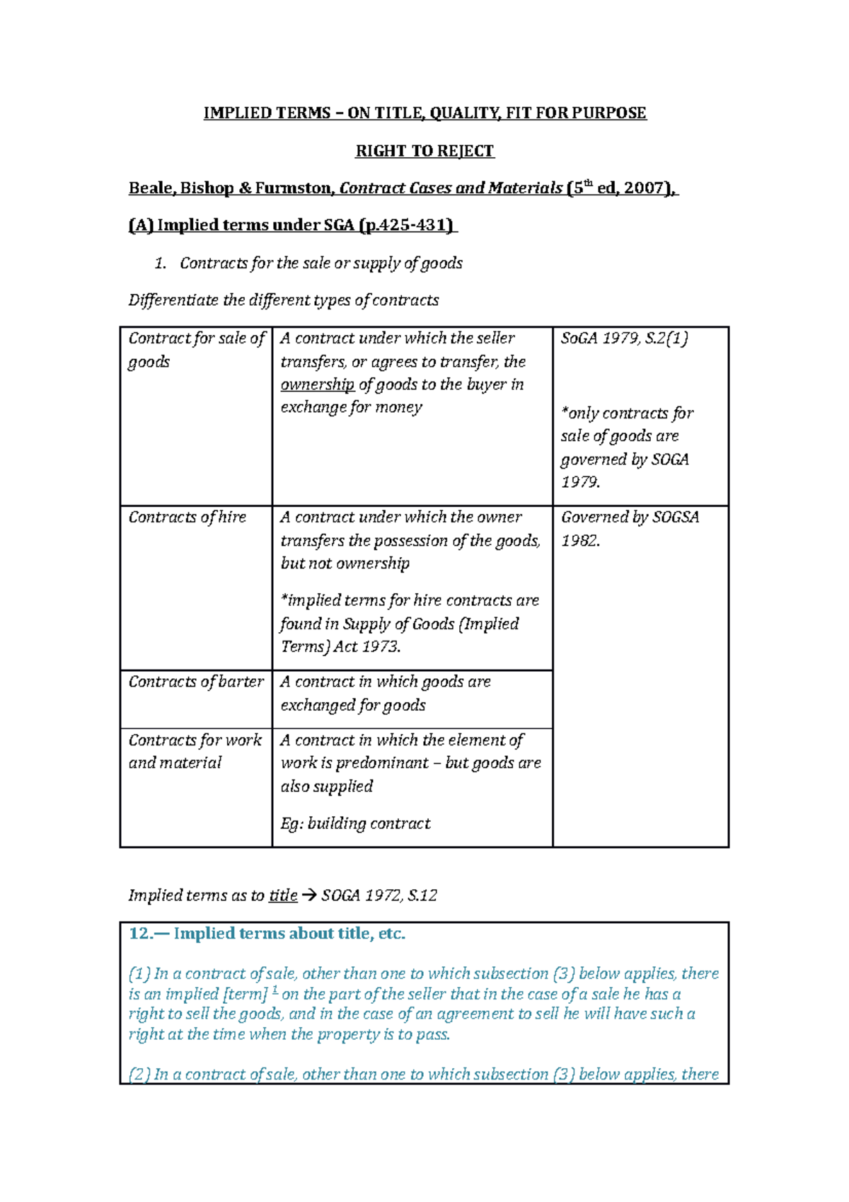 Commercial law - Implied Terms( On title, Quality, FIT FOR Purpose ...