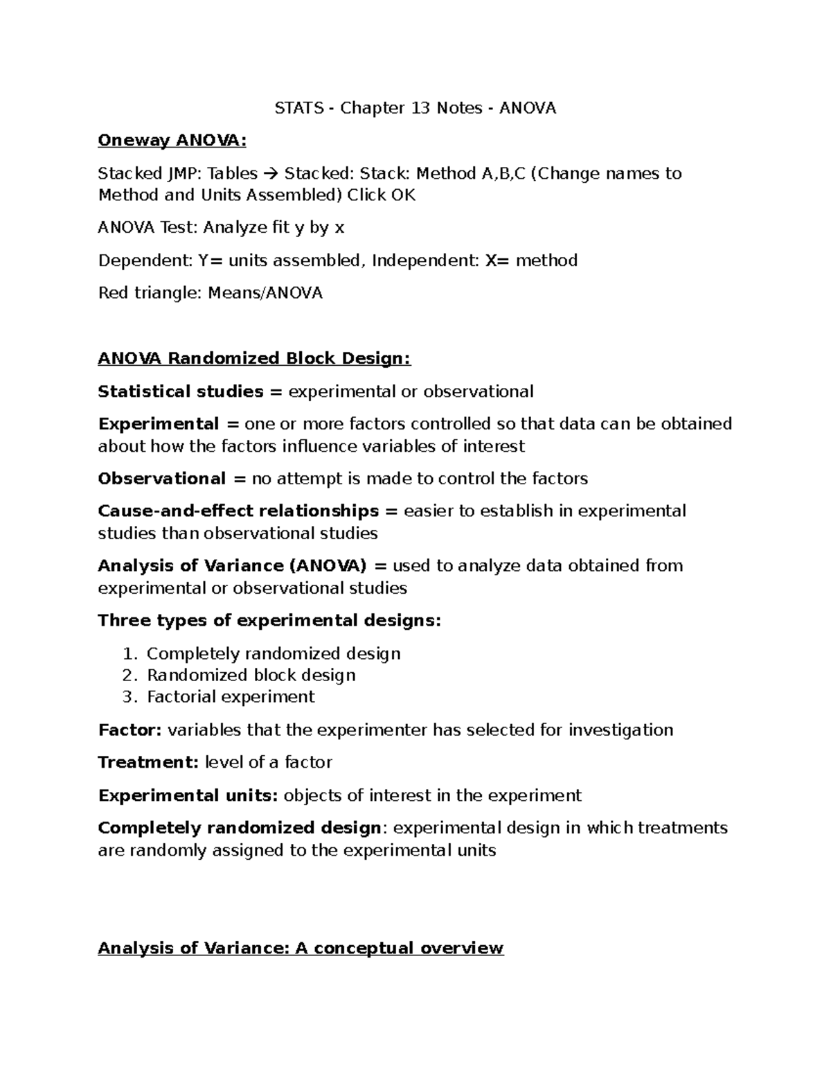 MGMT 3100 Stats - Chapter 13 ANOVA Notes and Analysis Techniques - Studocu
