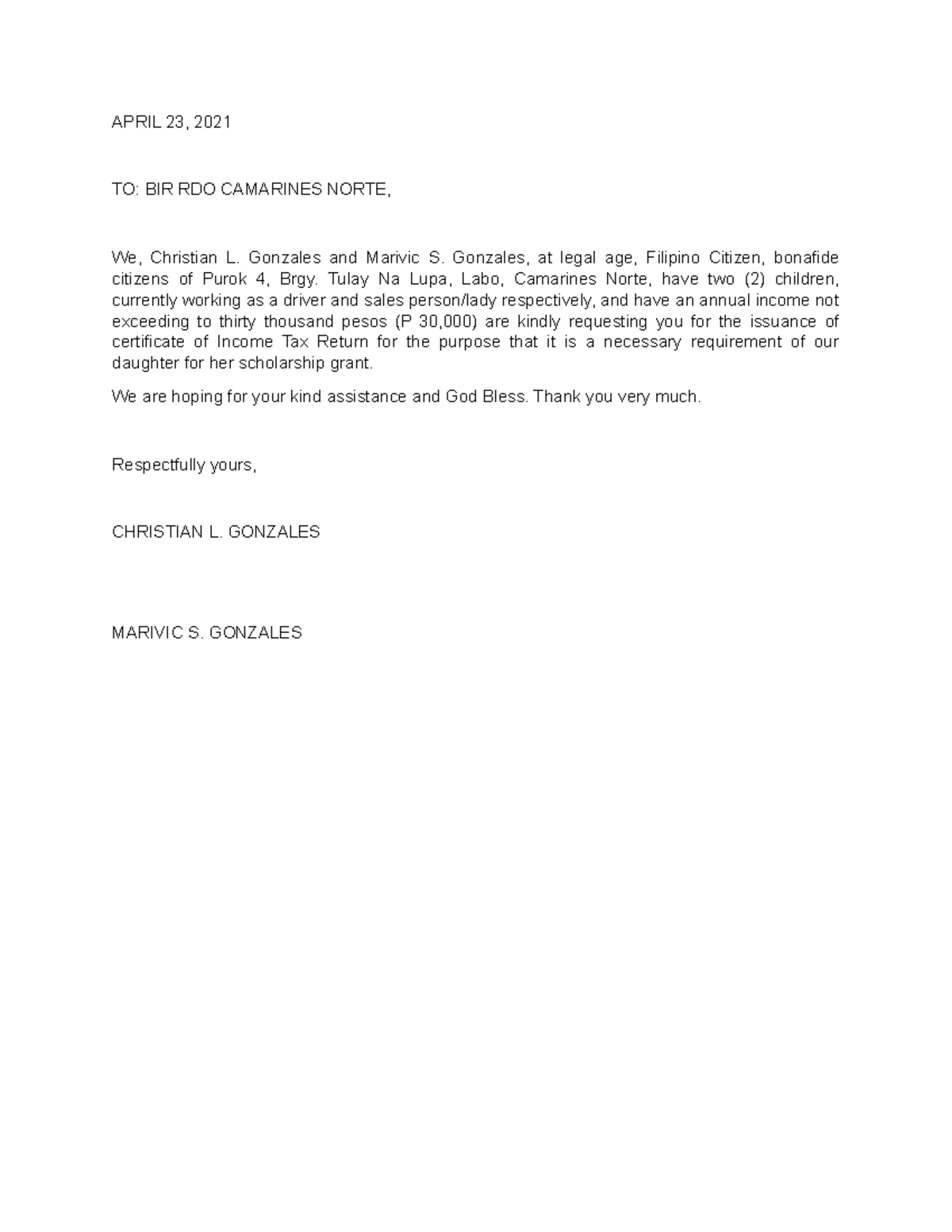 Request Income Tax Return FOR TEMPLATE - APRIL 23, 2021 TO: BIR RDO ...