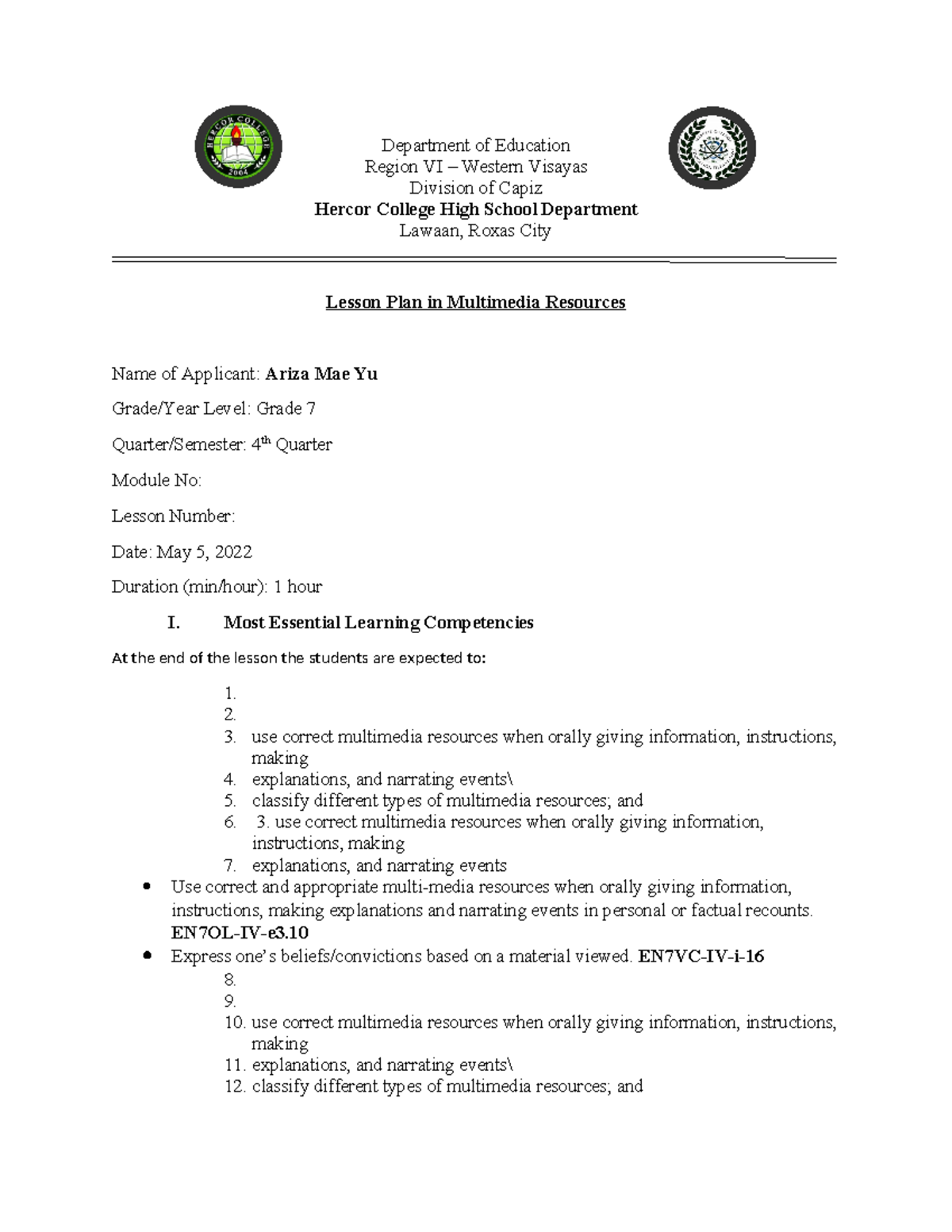 Multimedia Lesson PLAN Final DEMO (arizamae) - Department of Education ...