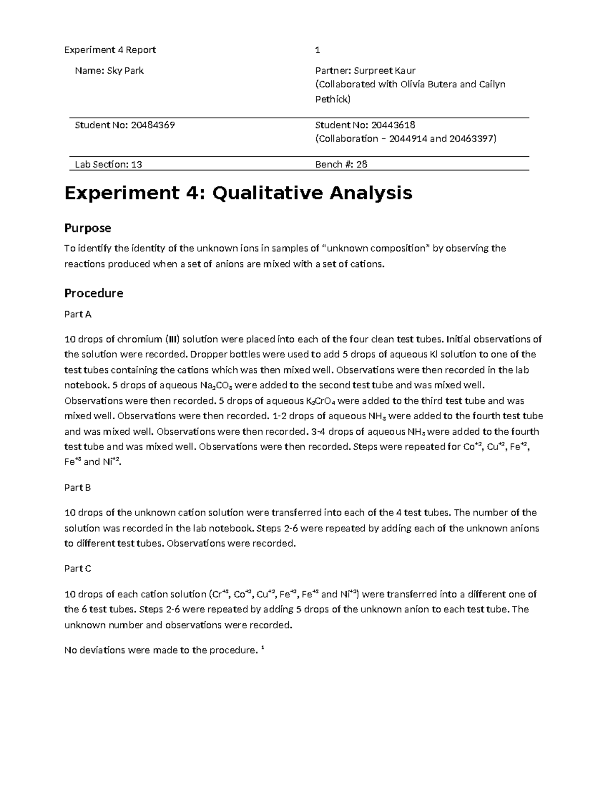 Chemistry 112 Experiment 4: Qualitative Analysis Lab Report - Studocu