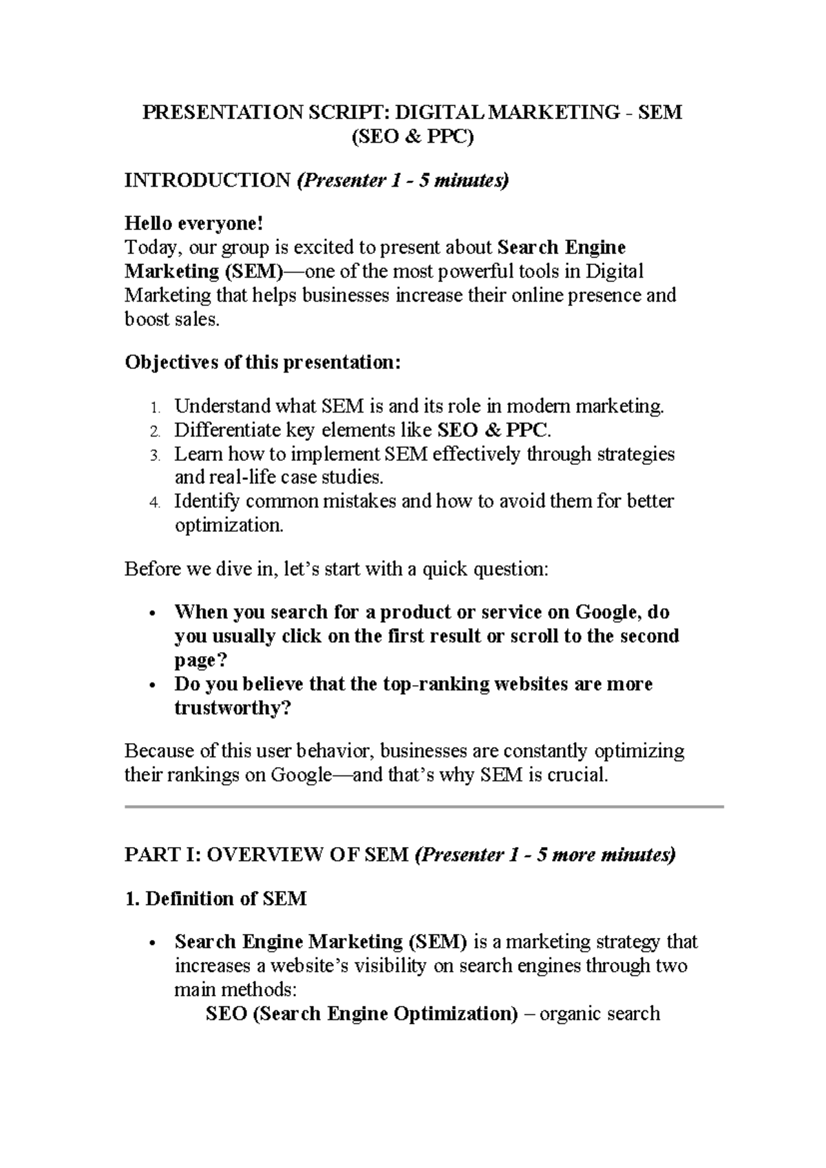 Digital Marketing Presentation Script: SEM (SEO & PPC) Overview - Studocu