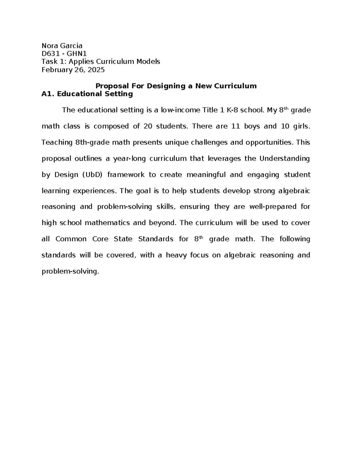 D631 Task 1 - Curriculum Proposal for 8th Grade Math Class - Studocu