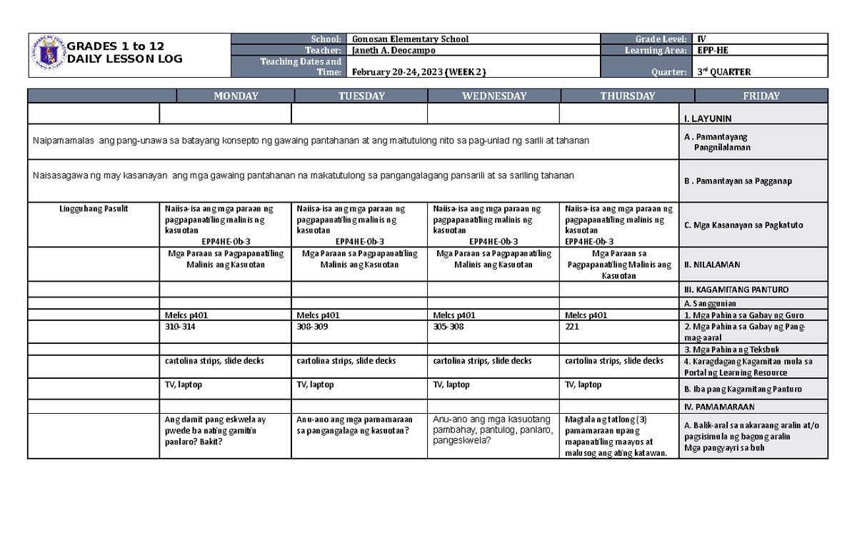 DLL EPP 4 Home Economic Week 2 - GRADES 1 to 12 DAILY LESSON LOG School ...