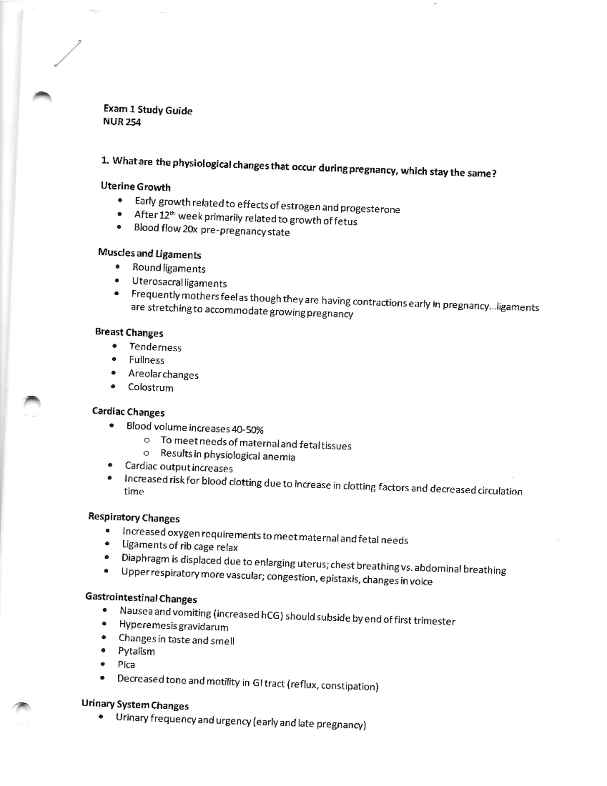NUR 254 Maternity Exam 1 Study Guide: Key Concepts & Changes - Studocu