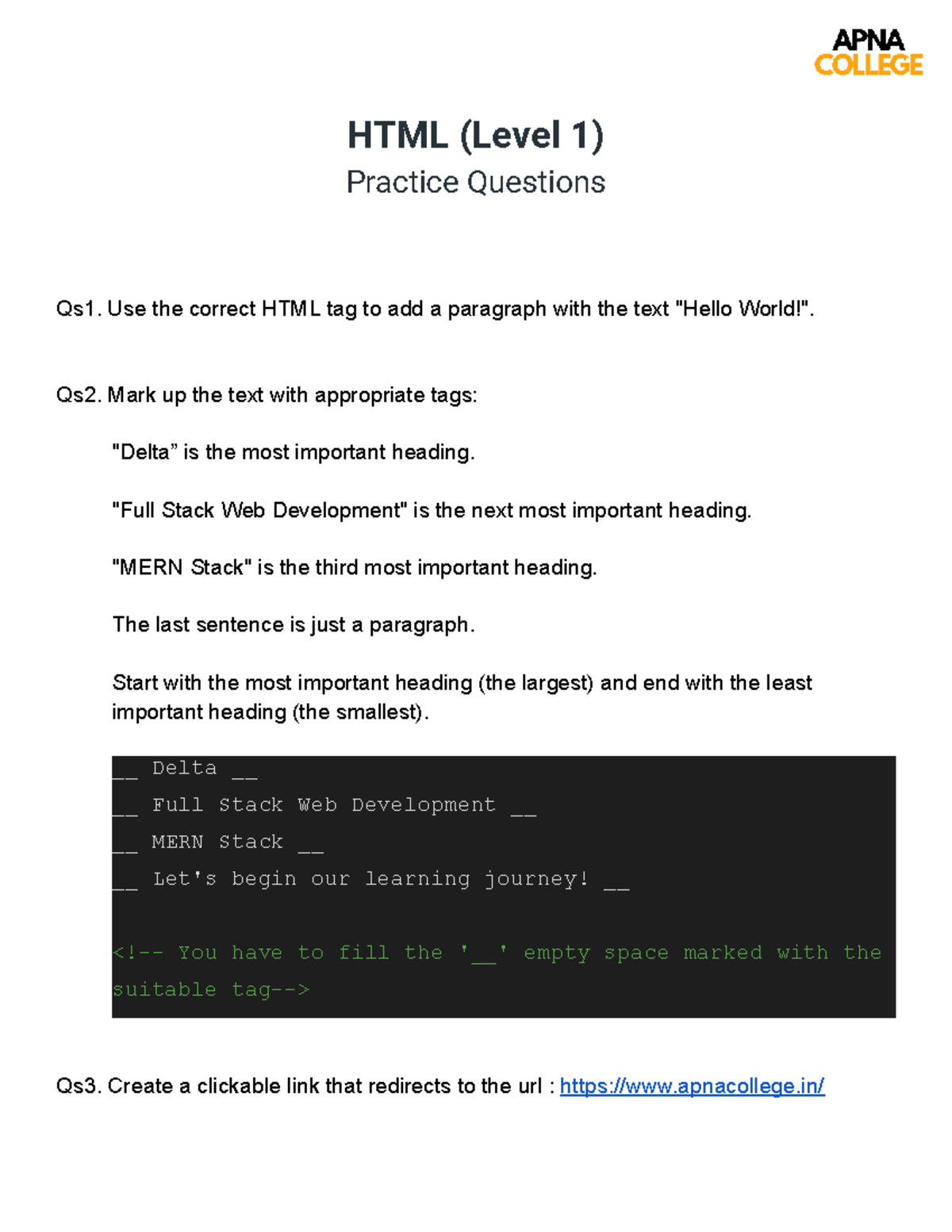 HTML (Level 1) Qs Ratna - tutorial - HTML (Level 1) Practice Questions ...