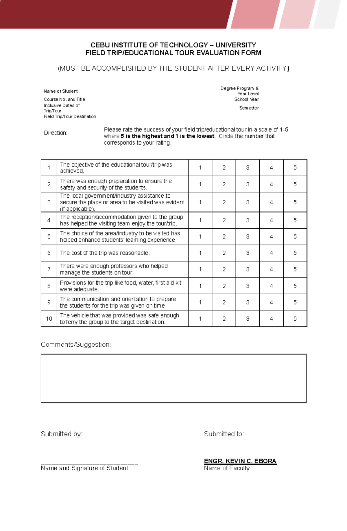 CEBU INSTITUTE OF TECHNOLOGY UNIVERSITY FIELD TOUR EVALUATION FORM ...